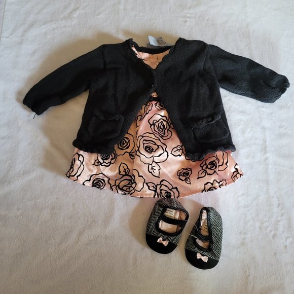 George Baby Girl Preemie Premie Valentine's Day Dress Pink Black Flower Set Shoe - Picture 1 of 7